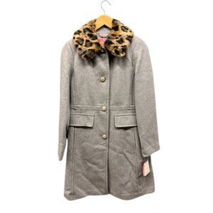 Kate Spade New York Wool Coat Womens XS Gray Leopard Faux Fur Collar NWT Winter